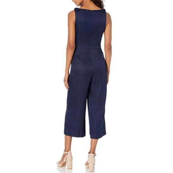 Trina Turk Observer Navy Textured V-Neck Bow Strap Cropped Jumpsuit Sz 16 - Picture 14 of 16